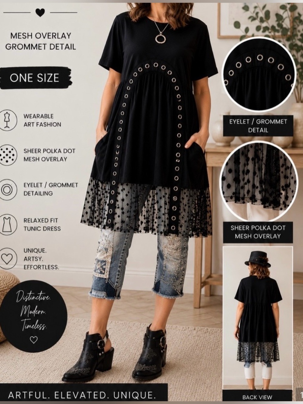 Kate Hewko Wearable Art Black Mesh Overlay Dress Tunic Grommet Detail One Size